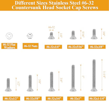 254 Pieces #6-32 x 1/4", 5/16", 3/8", 1/2", 5/8", 3/4", 1", 1-1/4", Countersunk Head Socket Cap Screws Nuts Washers Assortment Kit - size: #6-32, style: Countersunk Head Socket Cap