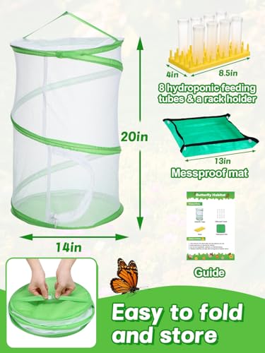 Complete Butterfly Habitat Kit - 14" W x 20" H Large Collapsible Mesh Growing Cage & Hydroponic Feeding Tubes/Rack Holder & Messproof Mat & Guide, Easy to Set Up, Monarch Caterpillars Enclosure House