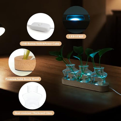 XXXFLOWER Plant Propagation Station with LED Light Wooden Base 3 Star Vases - color: LED Light