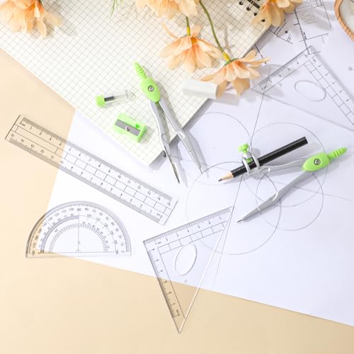 Zonon 10 Pcs Math Geometry Set for Student Compass Protractor, Green - color: Green