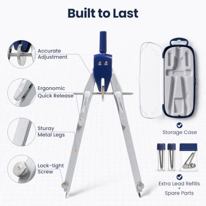 Sooez Professional Compass Drawing Tool, Metal Compass Geometry Tool Set - color: Silver