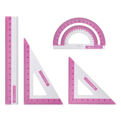 HARFINGTON 4pcs Geometry Set 15cm Metric Measure Ink Printing Aluminum Ruler Metal Ruler Set Triangle Protractor Ruler Tool Set for Classroom, Office, Home, Rose Red - color: Rose Red