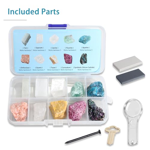 Mohs Hardness Test Kit - Include 10 Rock Mineral Specimens and 2 Unglazed Porcelain Streak Plates, Nail, Copper, Hand Lens for Exploring Identifying Studying Geology and Earth Science