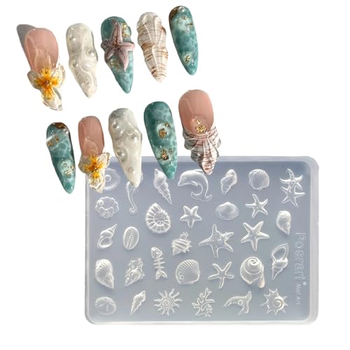 1 Pcs Nail Molds 3D Summer Silicone Nail Mold Marine Animals Design Nail Art Molds Carving Template Cute Starfish, Shell Molds Silicone Nail Tools for Women Acrylic Nails Art Supplies DIY - color: Styl 16