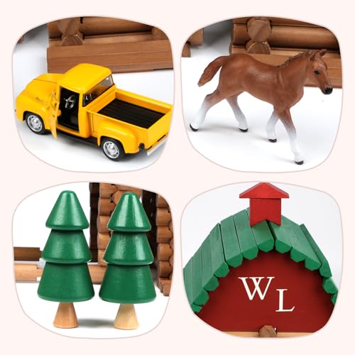 Wondertoys 330 Pcs Wooden Log Set Real Wood Logs Classic Building Log Ages 3+ Best Retro Building Gift Set for Boys Creative Construction Engineering Educational Gifts - style: 330PCS Villas