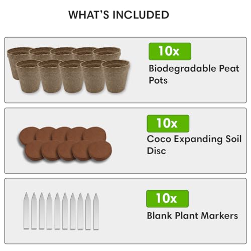 Seed Starter Kit - 10 Peat Pots, Coco Coir Discs & Markers