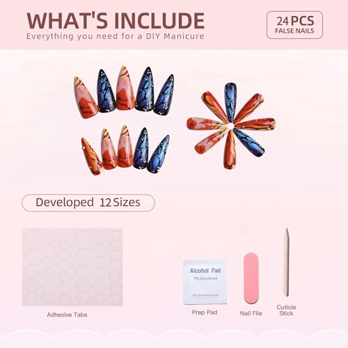 Medium Length Press on Nails Almond Fake Nails Butterfly False Nails with 3D Charms Designs 24Pcs Natural Reusable Acrylic Nails for Women Girls - color: Style31