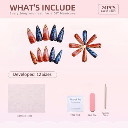 Medium Length Press on Nails Almond Fake Nails Butterfly False Nails with 3D Charms Designs 24Pcs Natural Reusable Acrylic Nails for Women Girls - color: Style31
