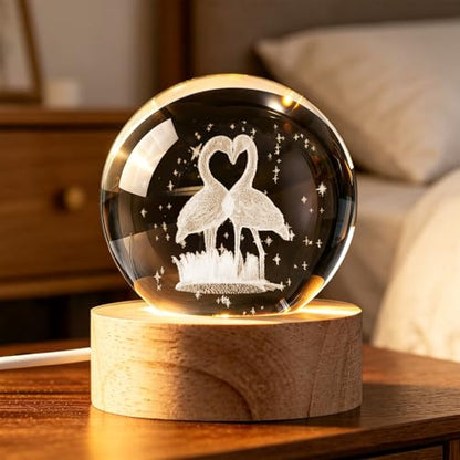 3D Engraved Heart Flamingo Crystal Ball, 2.4in 60mm Color‑Changing LED Night Light with Wooden Base, K9 Crystal Sphere, Romantic Love Gift for Her Him - color: Clear-flamingo