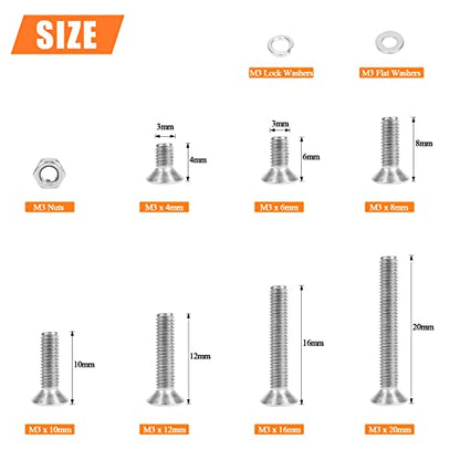HELIFOUNER 560 Pieces M3 x 4mm /6mm /8mm /10mm /12mm /16mm /20mm, Countersunk Head Socket Cap Screws Bolts Washers Nuts Kit, 304 Stainless Steel - size: M3, style: Countersunk Head Socket Cap