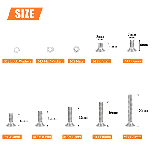 HELIFOUNER 560 Pieces M3 x 4mm /6mm /8mm /10mm /12mm /16mm /20mm, Phillips Countersunk Head Machine Screws, Metric Screws Bolts Washers Nuts Kit, 304 Stainless Steel - size: M3, style: Phillips Countersunk Head