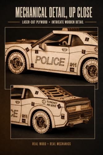 EWA Eco-Wood-Art Pocket Police Car - 3D Wooden Puzzle Mechanical Model Kit DIY Wood Construction Set