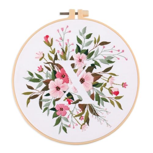 IUHUI Embroidery Kit for Beginners Adults - 26 Floral Letters Easy Patterns, DIY Hand Stitching Embroidery Set with Hoop (Flower and Grass Letter X) - color: Flower and Grass Letter X