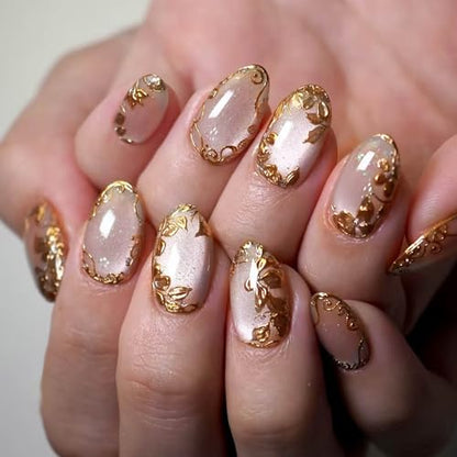Short Press on Nails Almond Fake Nails Cat's Eye False Nails with Gold Flower Designs Artificial Nail Nude Glitter Glue on Nails Cute Summer Stick on Nail for Women 24Pcs - color: Style08