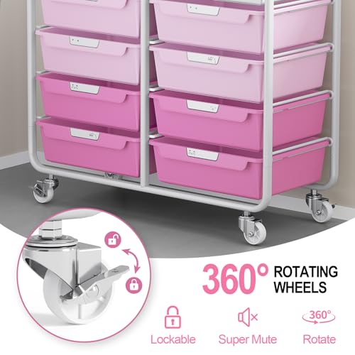 10 Drawers Rolling Cart with Wooden Tabletop, Utility Storage Cart with Wheels, Art Supply Craft Organizer on Wheel with Metal Frame & Handles for Home Office School,Pink - color: Pink