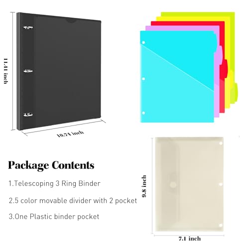 INFUN 1 Inch 3-Ring Telescoping Project Organizer Binder,13 Pocket, Customizable Front Cover, 5 Colors Pocket Divider and Plastic Binder Pocket，225 Sheet Capacity-Black - color: Black, size: 1 PCS