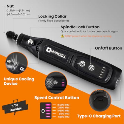 HARDELL Mini Cordless Rotary Tool 4V, 5-Speed 42pcs Mini Drill Craft Tool - color: Black