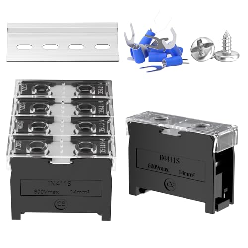 4Pcs DIN Rail Terminal Blocks with Cover, IN-411S 600V 60A - color: Black-411NS, size: 4 Pcs