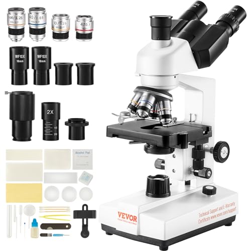 VEVOR Compound Trinocular Microscope, 40X-5000X Magnification Trinocular Compound Lab Microscope with Two-Layer Mechanical Stage, LED Illumination, External Interface and Microscope Slides Included - style: C