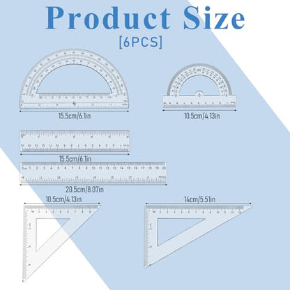 6 Pcs Geometry Set Transparent Plastic Clear Ruler Drafting Kit Includes Protractor Straight Ruler Triangle Rulers Clear Measuring Tools for Office Home Supplie