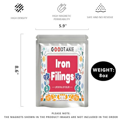 GOODTAKE Iron Filings, Iron Shavings, Iron Powder, Magnetic Powder, Iron Oxide Powder, Metal Shavings, Magnetic Sand Ideal for Science Experiments, Educational Projects Magnetic Studies (8 Ounces) - size: 8 Ounces