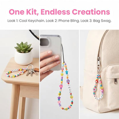 421 PCS DIY Beaded Keychain Making Kit, Bag Charm Craft Supplies – Acrylic Alphabet Bag Beads, Heart Star Flower Shapes, Make Handmade Gifts for Friends Family, Create Zipper Pulls, Making Kit Gifts