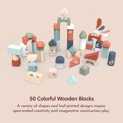 SPEEDY MONKEY Wooden Building Blocks | 50 Pcs with Storage Bucket Playset - color: Building Blocks