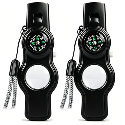 Emergency Survival Safety Whistle，Whistle for Kids with Lanyard,Compass,Thermometer,Ideal for Kayaking, Boating, Hiking, Camping, Climbing - color: Black Whistle 2pcs