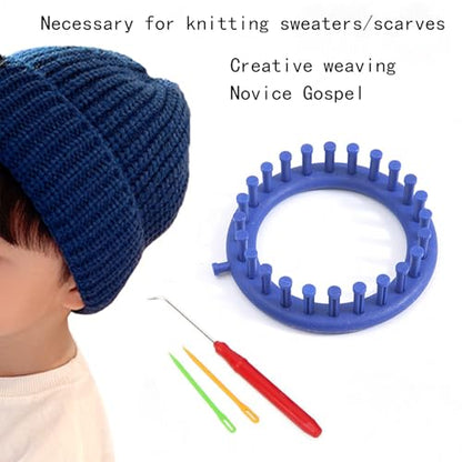 Round Knitting Looms，Plastic Weaving Looms Set，24 Peg Sock Knitting Loom，Scarf Hats Making Tools，DIY Crocheting Handmade Craft Kit with a Crochet Hook and Needle for Knitting Lovers，14 cm (Blue) - size: Round,14cm,24 Pegs