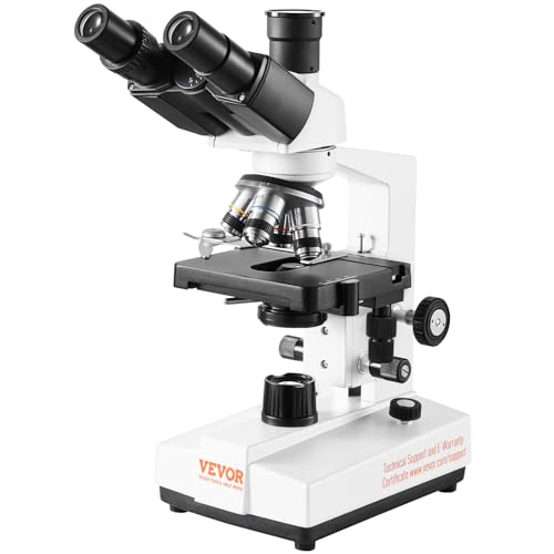 VEVOR Compound Trinocular Microscope, 40X-5000X Magnification Trinocular Compound Lab Microscope with Two-Layer Mechanical Stage, LED Illumination, External Interface and Microscope Slides Included - style: C