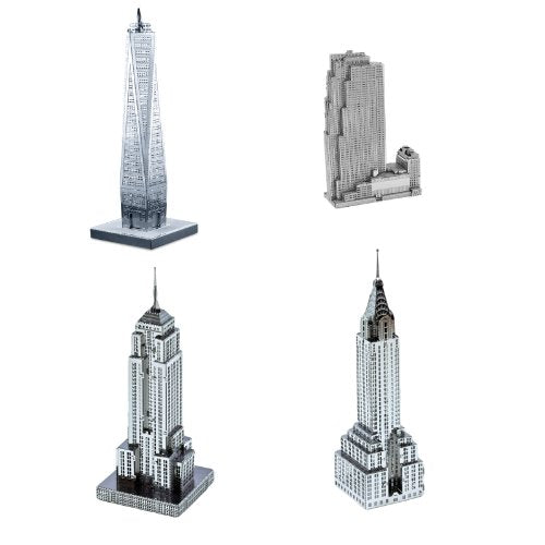 Fascinations Set of 4 Metal Earth 3D Laser Cut Building Models: 30 Rockefeller Plaza, Empire State Building, Chrysler Building, & One World Trade Center
