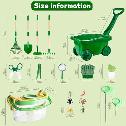 Kids Gardening Tools and Bug Catcher Kit with Wheelbarrow Sets, Ages 2 3+ - color: Green-18pcs