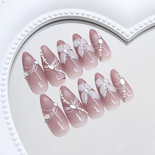 24Pcs Pink Cat Eye Press on Nails Almond Medium Length Fake Nails with Butterfly Designs Rhinestone Nail Press Ons 3D Gradient False Nails Glossy Full Cover Acrylic Glue Stick on Nail for Women - color: Style19