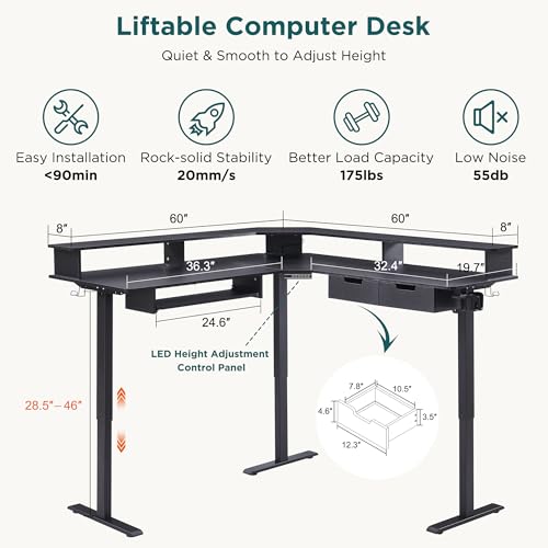 RedLemon 60 Inches L Shaped Electric Standing Desk, Carbon Fiber Black - color: Carbon Fiber Black, size: 60"X60"