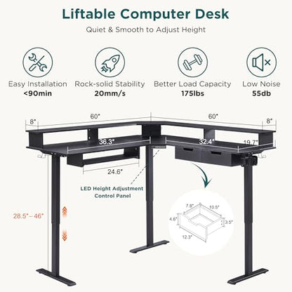 RedLemon 60 Inches L Shaped Electric Standing Desk, Carbon Fiber Black - color: Carbon Fiber Black, size: 60"X60"