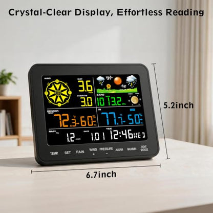 Weather Station Wireless 12-in-1, Color Display Weather Station with Rain Gauge, Wind Speed, Barometer, Forecast, and Alarm Clock for Home, Garden, Farm