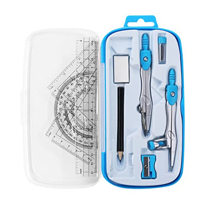 Unjoo Math Geometry Set 10 Pcs, Compass and Protractor for Students(Blue) - color: Blue