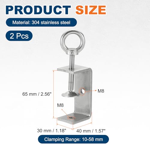 HARFINGTON 2 Pcs 304 Stainless Steel C Clamps 65mm Square Mini Tiger Clamp Adjustable Heavy Duty Metal U Clip with Eye Hook Screw for Woodworking Welding Mounting, Silver - size: 65mm