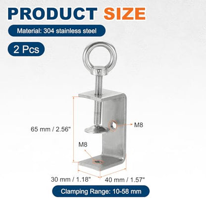 HARFINGTON 2 Pcs 304 Stainless Steel C Clamps 65mm Square Mini Tiger Clamp Adjustable Heavy Duty Metal U Clip with Eye Hook Screw for Woodworking Welding Mounting, Silver - size: 65mm