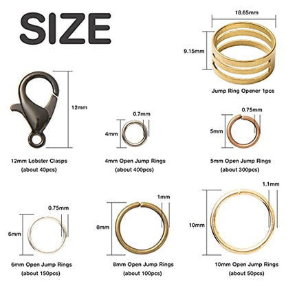 Handyman Crafts Jump Rings Kit With1000PCS Open Jump Rings 40PCS 12mm Lobster Clasps and Jump Rings Opener for Jewelry Making Keychains and Necklace Repair (Bronze) - color: Bronze