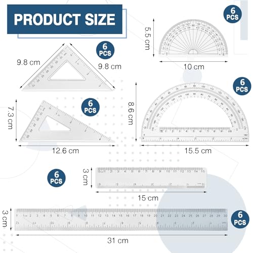 Tenare 36 Pcs Plastic Clear Math Set Includes Protractor Triangle Rulers 12 Inch 6 Inch Straight Geometry Math Transparent Ruler Measuring Tool for Office Home Supplies