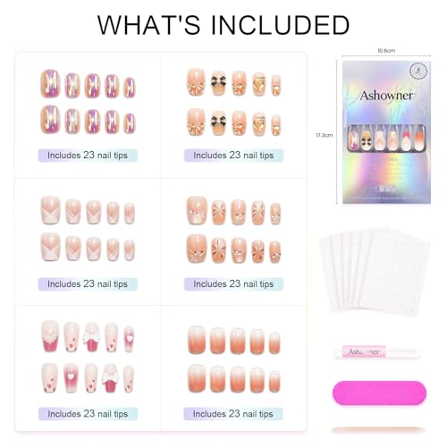 6 Packs (144 Pcs) | Reusable Press on Nails | cute nails | 6-Style Bundle | 12 Sizes | Each Style 24 Pcs | Black Gold Bow Heart - color: Black Gold Bow Heart