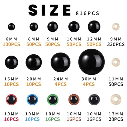 408Pcs Safety Eyes for Crochet 6-30mm Plastic Colorful Safety Eyes for Amigurumi with Washers Black Stuffed Animal Eyes for Craft Teddy Bear