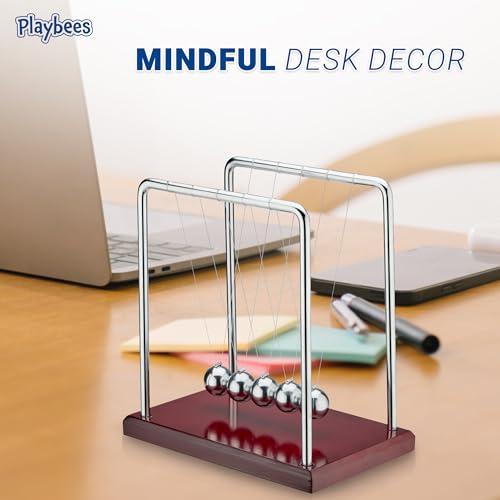Newton's Cradle 5 Ball Kinetic Pendulum, Brown Wood Base Office Desk Toy
