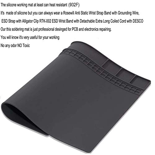 Anti-Static Mat Work Mat Repair Work Mat and 3 Auxiliary Tools, Anti-Static Wrist and Tweezers and Brush 932°F Heat Resistant 15.9” x 12” inch Grey