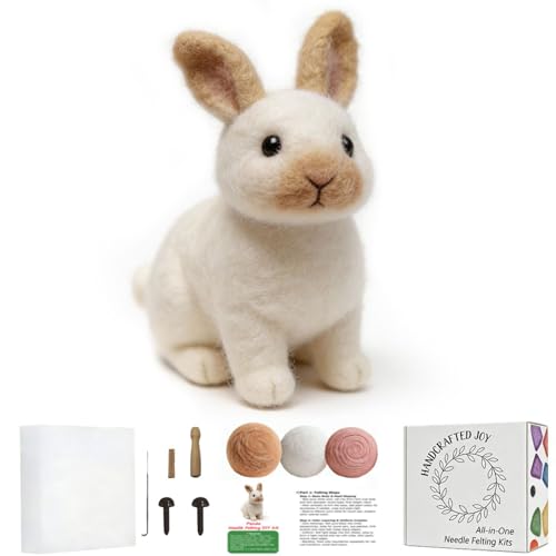 FACE N FACE DIY Needle Felting Kit Realistic White Rabbit Tan Ears – Needle Felting Starter Kit with Fiber Roving, Needles, Felting Pad & Instructions | Felted Rabbit Animal Kit for Beginners Adults - color: Light Brown
