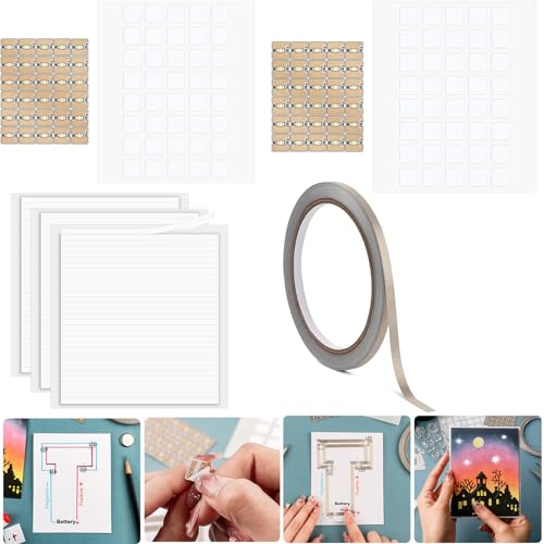60PCS White LED Circuit Stickers and Conductive Fabric Tape,Light Craft Kit Mini Starter Kit for Crafts Projects Add lights to a Christmas tree,light up a house,create a spooky scene with a ghost - color: 60 LED Lights