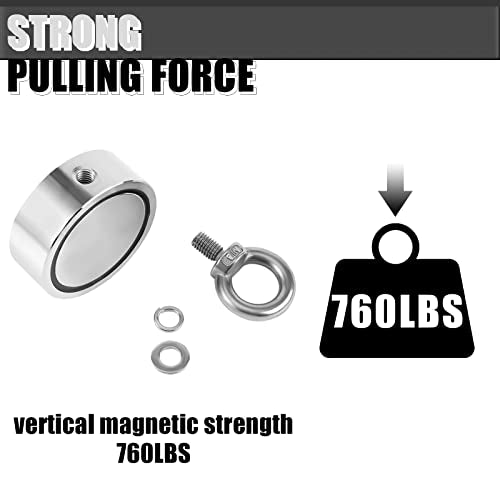 Double Sided Fishing Magnet, Super Powerful Neodymium Magnet with 760lbs Combined Strength with Eyebolt for River Lake Fishing Indoor Outdoor (2.36in Dia) - style: LNM60-3