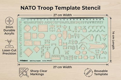 Printtoo NATO Troop Template Stencil, 2mm Thick Clear Green Acrylic Military Planning Ruler with Tactical Symbols, Letters, Numbers & Scale for Map Marking, Students, Artists & Designers - color: Series-PRTD-2441A