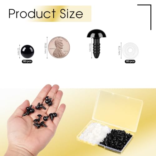 Vanblue Safety Eyes 260PCS 12mm Plastic Black Craft Eyes with Washers Teddy Bear Eyes for Amigurumi Stuffed Animals Crochet Toys Crafts Making Halloween Decorations - size: 12mm